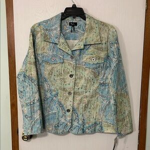 Analogy Women's Paisley Jean Jacket in Blue and Green Size 2X